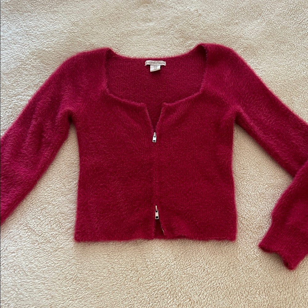 Sincerly Jules Fuzzy Raspberry Zip-Front Cardigan